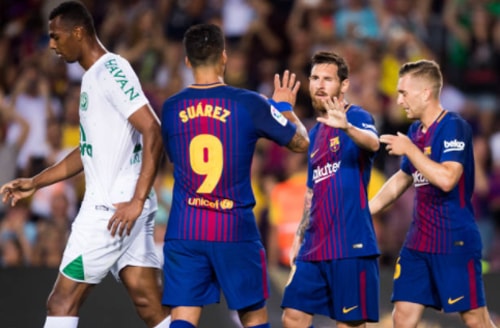 Bộ ba tiền đạo mới của Barca gồm Suarez, Messi và Deulofeu.