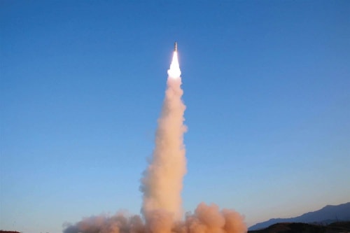 A Pukguksong-2 missile is launched at an undisclosed location in North Korea on Feb. 12. KCNA via AP