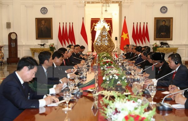 Tổng Bí thư Nguyễn Phú Trọng hội đàm với Tổng thống Indonesia Joko Widodo. (Ảnh: Trí Dũng/TTXVN)