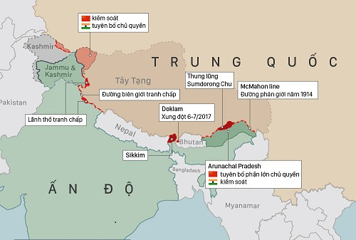Tranh chấp biên giới giữa Ấn Độ và Trung Quốc (bấm vào hình để xem chi tiết). Đồ họa: Việt Chung.
