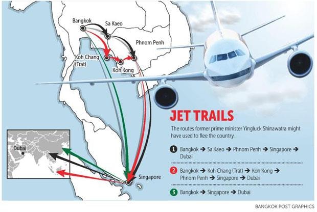 Ba tuyến đường mà tờ Bangkok Post cho rằng cựu Thủ tướng Thái Lan Yingluck Shinawatra có thể đi để trốn khỏi Thái Lan tới Dubai.