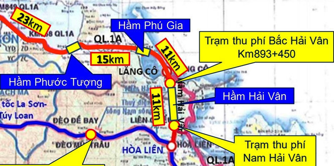 Sơ đồ vị trí các trạm thu phí và công trình của BOT Phước Tượng - Phú Gia và BOT hầm Hải Vân
