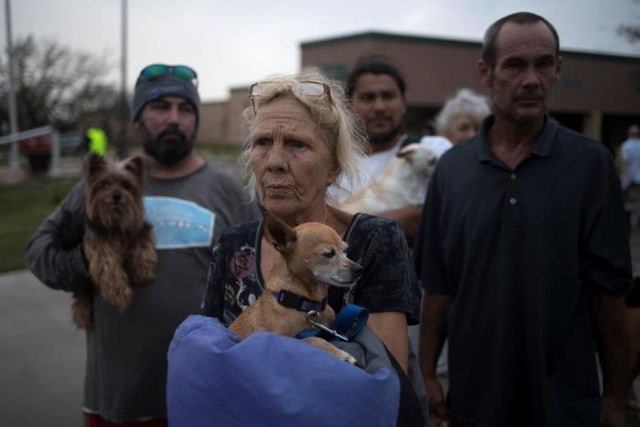 Julie giữ con chó Pee-wee của mình khi họ đứng xếp hàng để được sơ tán đến Austin sau khi mất nhà của họ để Hurricane Harvey ở Rockport, Texas