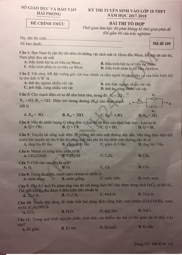 Đề thi tổ hợp của Hải Phòng