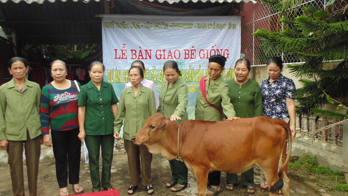 Hội cựu TNXP huyện Con Cuông bàn giao bê giống cho hội viên Lô Thị Chiến ở bản Tát, xã Chi Khê. Ảnh: Tường Vi