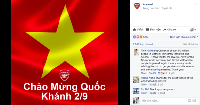 Arsenal gây ấn tượng mạnh với người hâm mộ Việt Nam. Ảnh: Facebook.