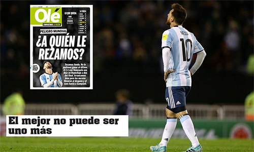 Vẻ tuyệt vọng của Messi trở thành cảm hứng cho trang bìa đậm màu bi quan của tờ Olé.
