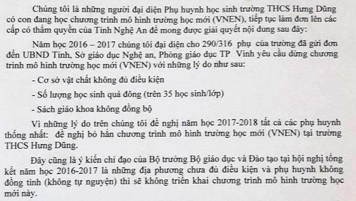 Đơn kiến nghị của phụ huynh Trường THCS Hưng Dũng. Ảnh: MH