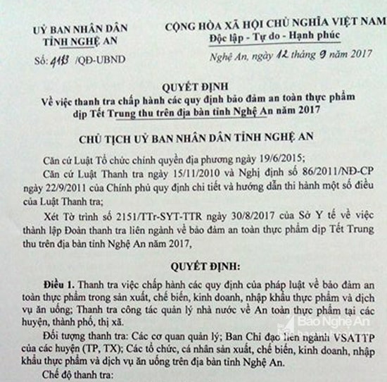 Quyết định thành lập đoàn thanh tra về ATTP dịp Tết Trung thu. Ảnh: PV