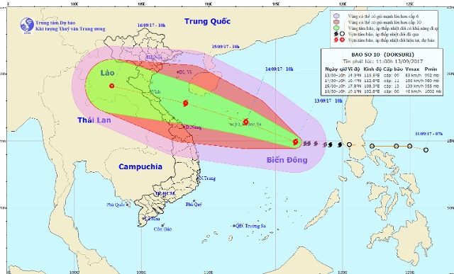 Đường đi của bão. Ảnh: NCHMF