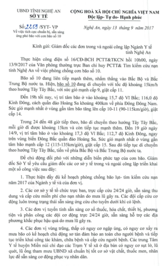 Công văn của Sở Y tế Nghệ An gửi các đơn vị y tế chủ động ứng phó Bão số 10. Ảnh: Thanh Sơn