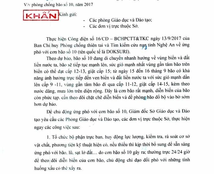 Công văn khẩn về phòng chống bão số 10 của Sở Giáo dục và Đào tạo Nghệ An. Ảnh: MH