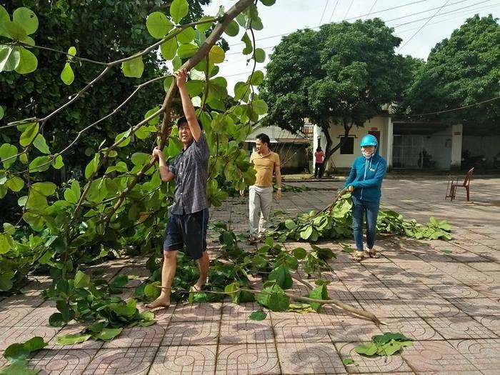 Cán bộ viên chức các cơ quan ở Thanh Chương khẩn trương chặt tỉa cây cối phòng chống bão số 10. Ảnh: Đình Hà