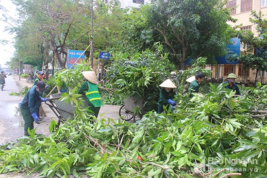 Các công nhân vệ sinh môi trường đang làm việc hết công suất trước lượng rác thải quá lớn. Chị Tâm, một công nhân cho biết : chúng tôi dậy từ sang sớm và đi dọn rác trên các tuyến đường được phân công nhưng chắc tới tối cũng chưa xong vì rác quá nhiều. nhất là các tuyến Lê Lợi, Lê Hồng Phong, Nguyễn Thái Học, Nguyễn Viết Xuân… Ảnh: Quang An