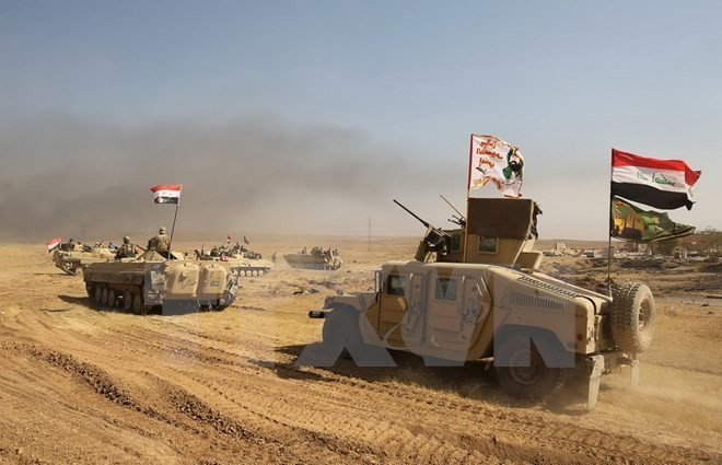 Các lực lượng Iraq tiến vào làng al-Ayadieh, phía bắc khu vực Tal Afar trong chiến dịch giải phóng khu vực này từ phiến quân IS ngày 28/8. (Nguồn: AFP/TTXVN)