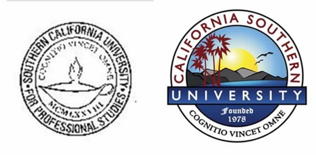 Dấu mộc bên trái mang tên trường Southern California University for Professional Studies (SCUPS) trong thời điểm trường đang bị hủy tư cách đăng ký (trade mark). Còn dấu mộc bên phải hiện đang được sử dụng mang tên California Southern University. Ảnh: TL