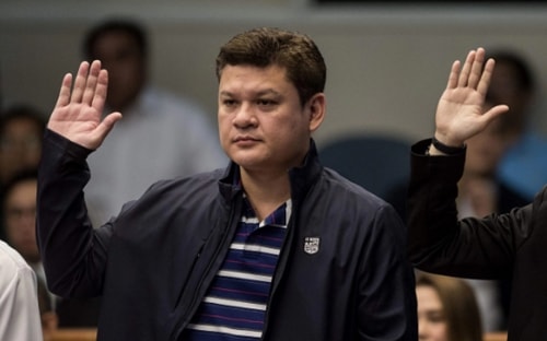 This file photo taken on September 7, 2017 shows Davao City Vice Mayor Paolo Duterte, son of Philippine President Rodrigo Duterte, taking an oath as he attends a senate hearing in Manila CREDIT: AFP