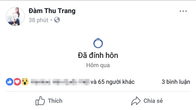 Cùng thời điểm, bạn gái tin đồn của anh là Đàm Thu Trang cũng công bố tin vui này.