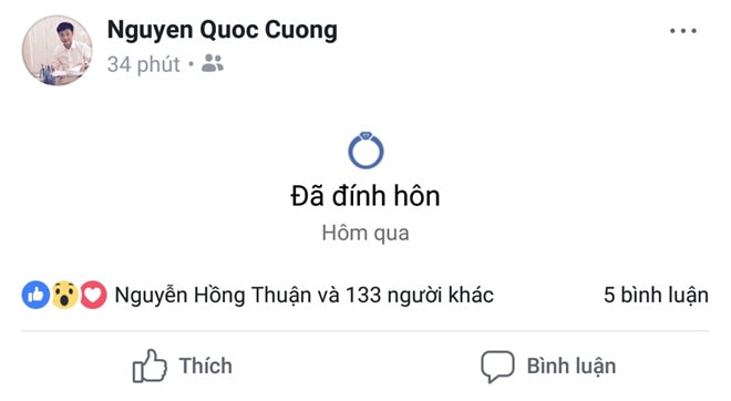 Cường Đô La chia sẻ trạng thái Đã đính hôn.