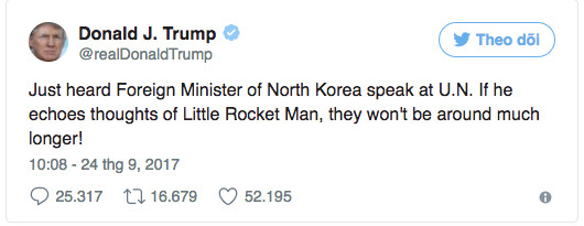 Ông Trump lên Twitter tiếp tục đe doạ ông KIm Jong un.