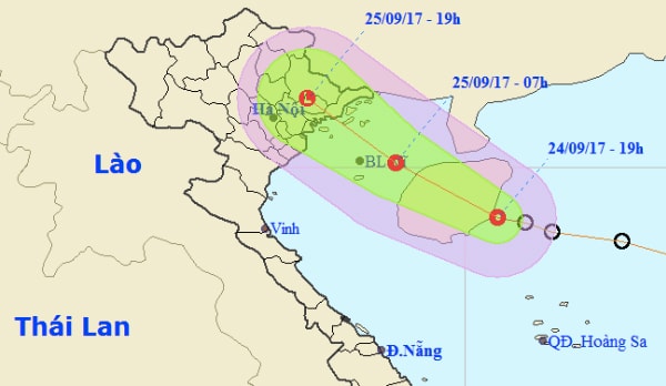 Chiều nay áp thấp đi vào đất liền, gây mưa vừa, mưa to cho khắp Đông Bắc Bộ vào đến Bắc Trung Bộ