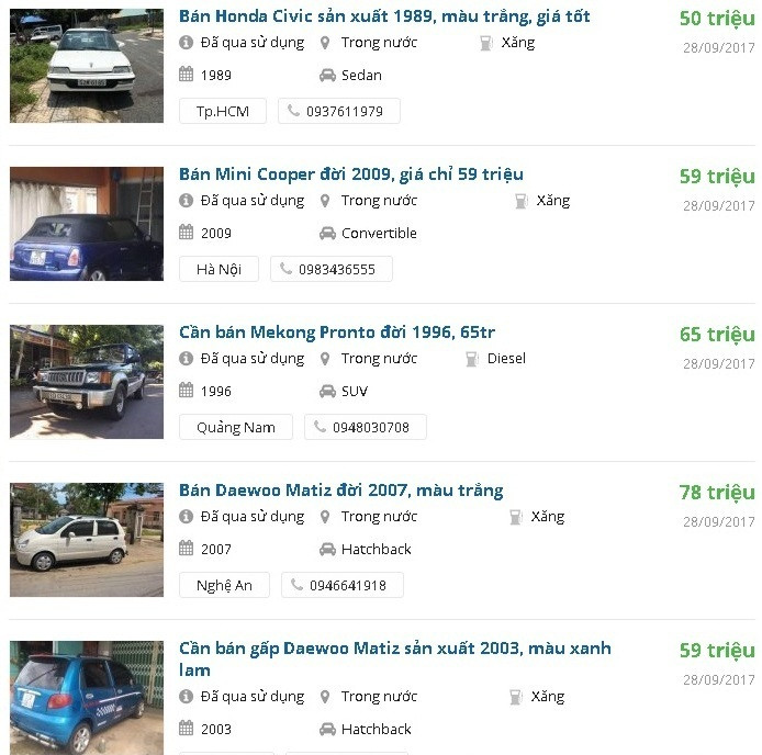 Loạt xe ô tô giá trên dưới 50 triệu đồng được rao bán trên mạng.
