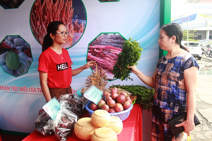 Với các nông phẩm sạch có nguồn gốc rõ ràng, các gian hàng của thanh niên thu hút đông đảo người dân đến tham quan và mua bán. Ảnh: Phương Thuý.