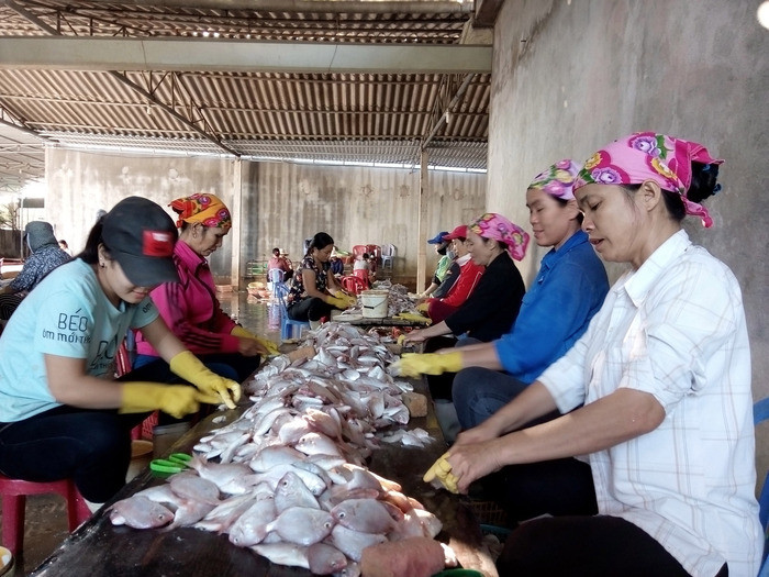Mô hình phụ nữ liên kết phát triển kinh tế, nghề chế biến hải sản ở xã Diễn Ngọc (Diễn Châu). Ảnh: Mai Giang