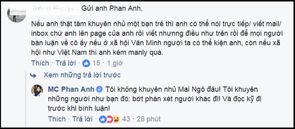 Bị cho rằng phô trương bàn luận về Mai Ngô trên mạng xã hội, Phan Anh đanh thép đáp trả. 