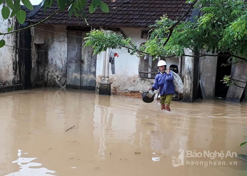 Một số nhà dân ở vùng hạ lưu đoạn xóm 10, xã Quỳnh Trang (TX Hoàng Mai) bị nước tràn vào nhà. Ảnh: Việt Hùng.