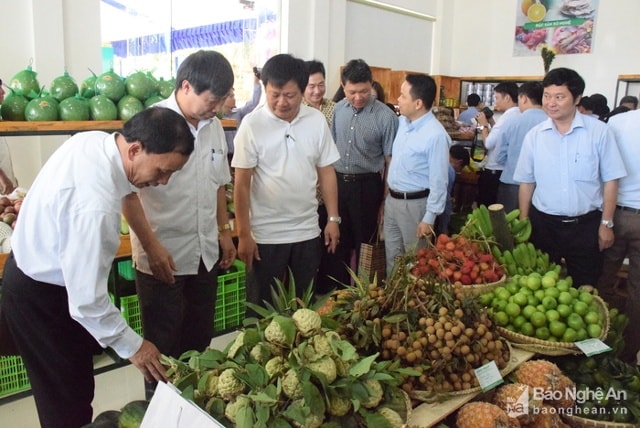 Tham quan gian hàng trưng bày giới thiệu sản phẩm nông sản an toàn của Xanh Mart Vinh. Ảnh: Xuân Hoàng