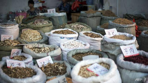 Thuốc bắc được bày bán ở Quảng Tây (Trung Quốc). Ảnh: AFP.