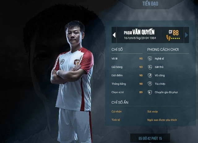 Chỉ số của tiền đạo Phạm Văn Quyến trong FIFA Online. Ảnh: FF0