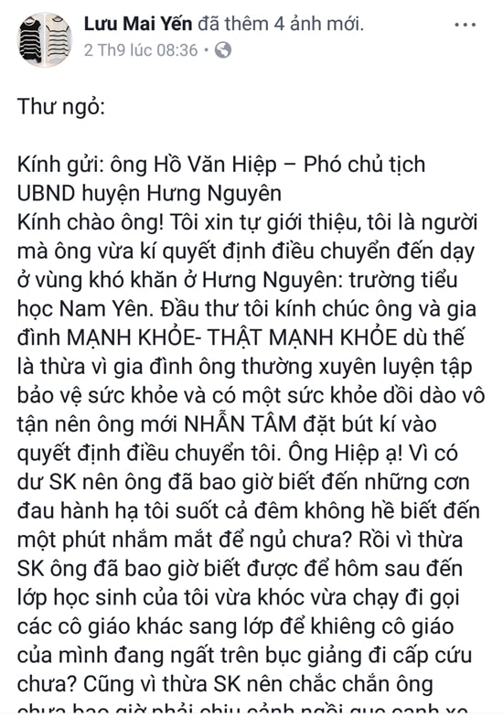 Một đoạn thư ngõ của cô Yến viết lên Facebook. Ảnh. Tiến Hùng.