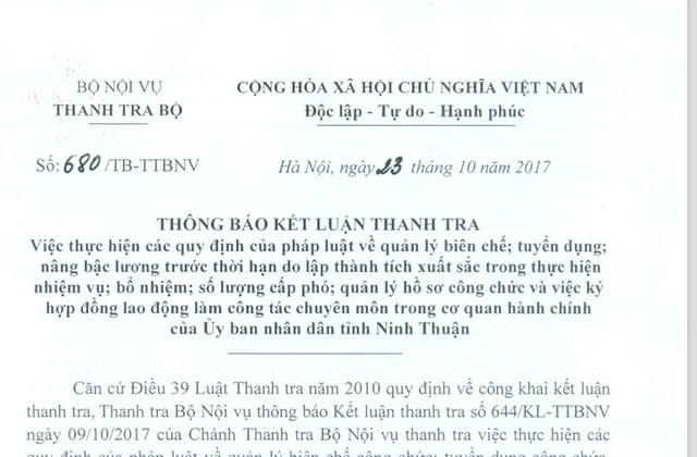 Kết luận thanh tra quản lý biên chế, bổ nhiệm cán bộ ở tỉnh Ninh Thuận vừa được công bố