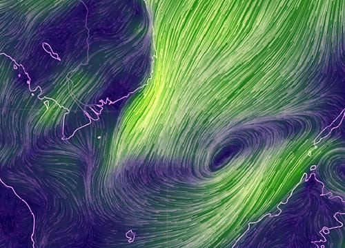 Vùng xoáy xuất hiện ngoài biển có khả năng mạnh lên thành áp thấp nhiệt đới. Ảnh: earth.nullschool.net
