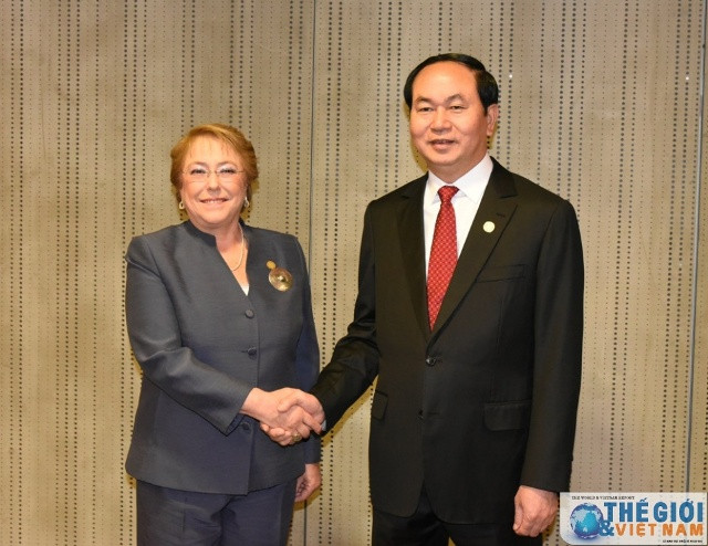 Chủ tịch nước Trần Đại Quang gặp gỡ Tổng thống Chile Bachelet Jeria bên lề Hội nghị cấp cao APEC tại Lima, Peru.