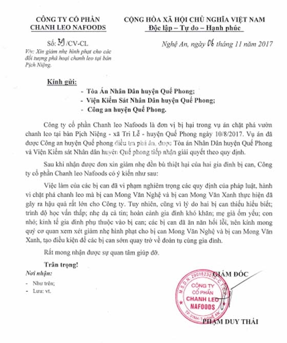 Công văn số 39/CV-CL ngày 6/11/2017 của Công ty CP Chanh leo Nafoods. Ảnh Nhật Lân