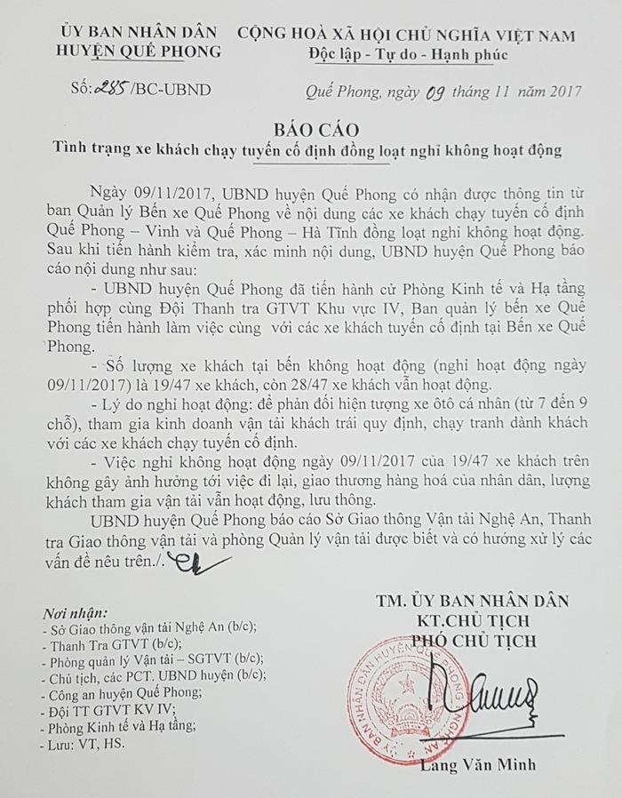 Báo cáo của huyện Quế Phong về việc 19 xe cố định ngừng chạy sáng 9/11. Ảnh: Nam Phúc