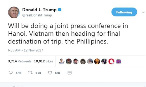 Dòng tweet thông báo về ngày làm việc cuối của Tổng thống Trump tại Việt Nam trong chuyến công du châu Á. Ảnh: Twitter.