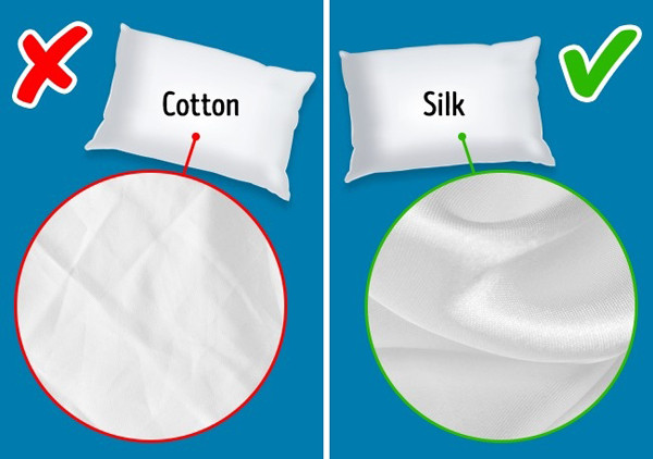 Sử dụng vỏ gối lụa Vỏ gối làm bằng lụa mềm mại tốt cho da hơn là vỏ gối bằng cotton. 
