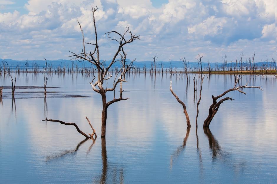 Hồ Kariba, Zimbabwe: Hồ Kariba là hồ chứa nước nhân tạo lớn nhất thế giới, được tạo ra bằng việc xây dựng đập Kariba vào năm 1958. Diện tích của hồ là khoảng 5.400 km2, trải dài dọc theo biên giới Zambia và Zimbabwe. Trong quá trình xây dựng đập nước, có hàng nghìn động vật đã được giải cứu khỏi chết đuối, và hiện nay, vẫn còn hàng trăm thân cây đã chết nhô lên khỏi mặt nước. Ảnh: Lynn Y/Shutterstock.