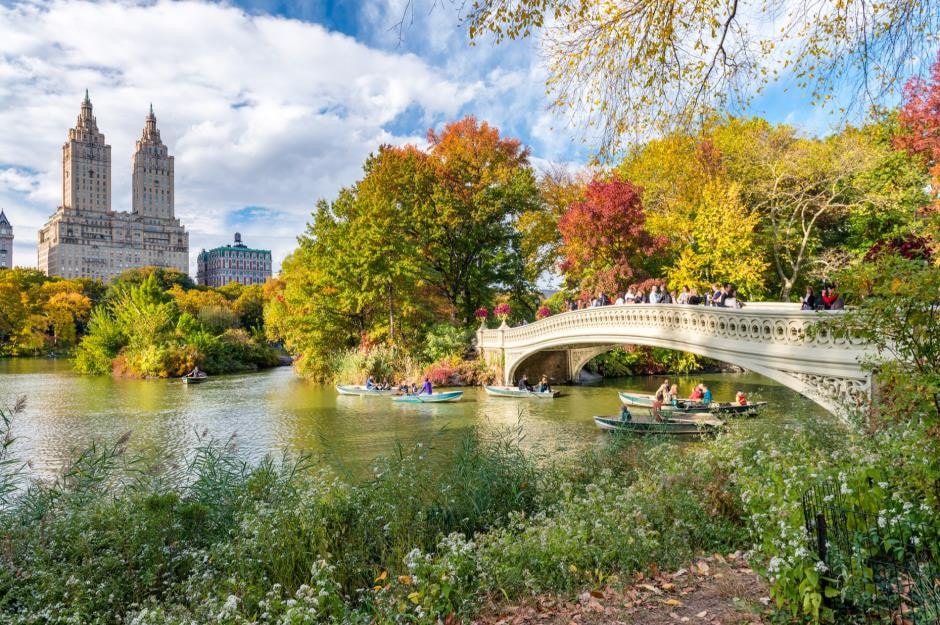 Hồ công viên trung tâm, New York, Mỹ: Cho đến những năm 1850, công viên Trung tâm ở New York là một quần đảo trên một vùng đất hoang vu. Sau đó, nơi đây được 2 nhà thiết kế Frederick Law Olmsted và Calvert Vaux biến đổi thành một khu vực bao gồm rừng, môi trường sống cho động vật hoang dã, bãi cỏ, khu vui chơi và trung tâm là hồ nước tuyệt đẹp. Ngày nay, công viên là một trong những địa điểm đông du khách nhất trong thành phố, thu hút cả người dân địa phương và khách du lịch quốc tế. Ảnh:GagliardiImages/Shutterstock.