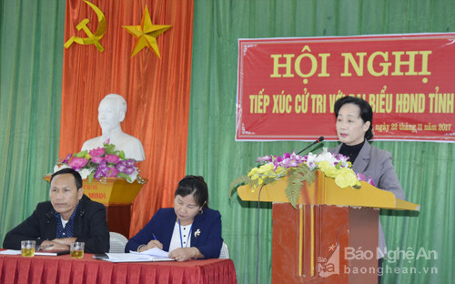 Bà Phan Thị Hoan báo cáo kết quả giải quyết kiến nghị cử tri huyện Nghĩa Đàn