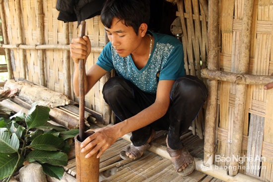 Lá được đưa vào cỗi giã nát. Ảnh: Minh Khuê