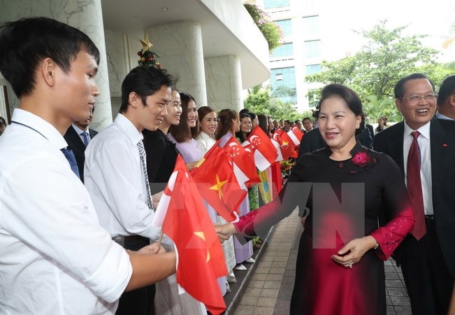 Cộng đồng người Việt tại Singapore đón Chủ tịch Quốc hội Nguyễn Thị Kim Ngân, tại Sân bay Quốc tế Changi, ngày 26/11 vừa qua. (Ảnh: Trọng Đức/TTXVN)