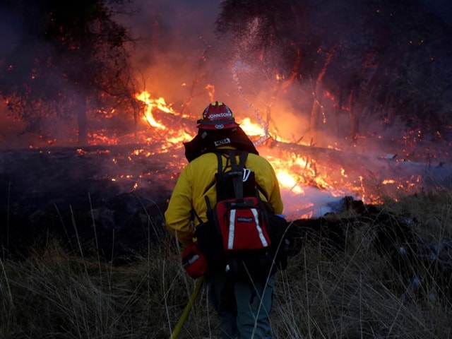 Lính cứu hỏa chiến đấu với đám cháy rừng gần Santa Rosa, bang California, Mỹ, ngày 15/10. Ảnh: Reuters.