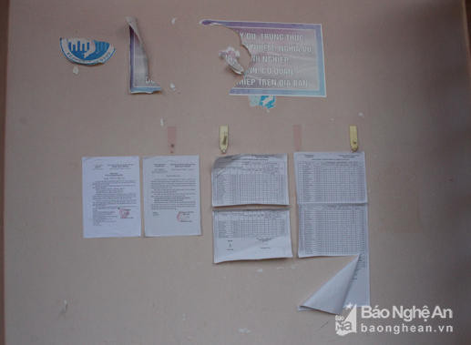 Các thông báo trong tình trạng nhếch nhác tại UBND phường Quang Tiến (TX Thái Hòa). Ảnh: Mai Hoa
