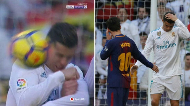 Ronaldo lĩnh trọn quả bóng vào đầu và hành động đẹp của Messi. Ảnh: Marca
