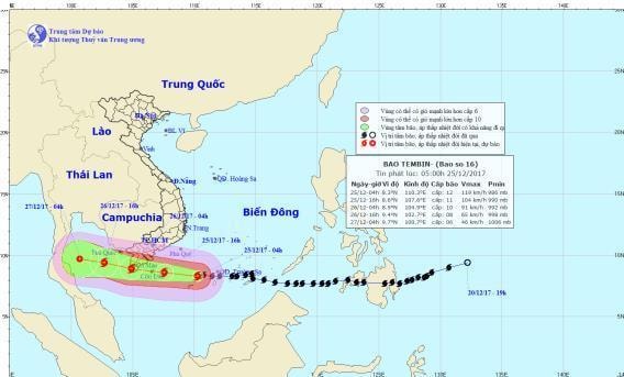 Đường đi và vị trí của cơn bão số 16. Ảnh: Trung tâm DBKTTV TƯ